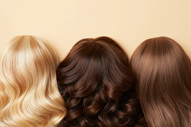 Three wigs with different hair colors arranged side by side against a beige background