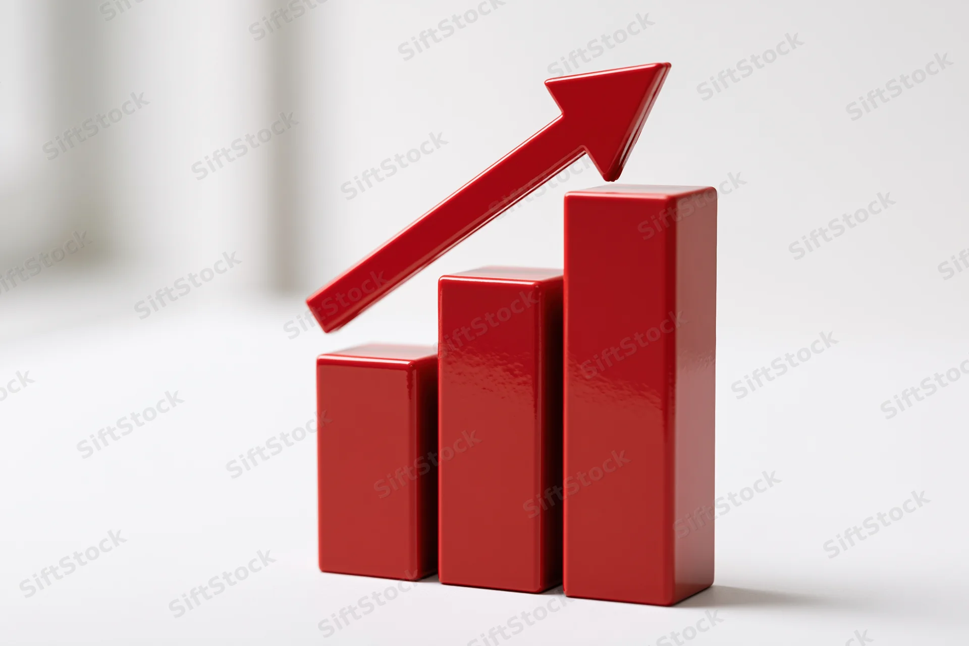 Red glossy bars rising with arrow pointing upward on white surface