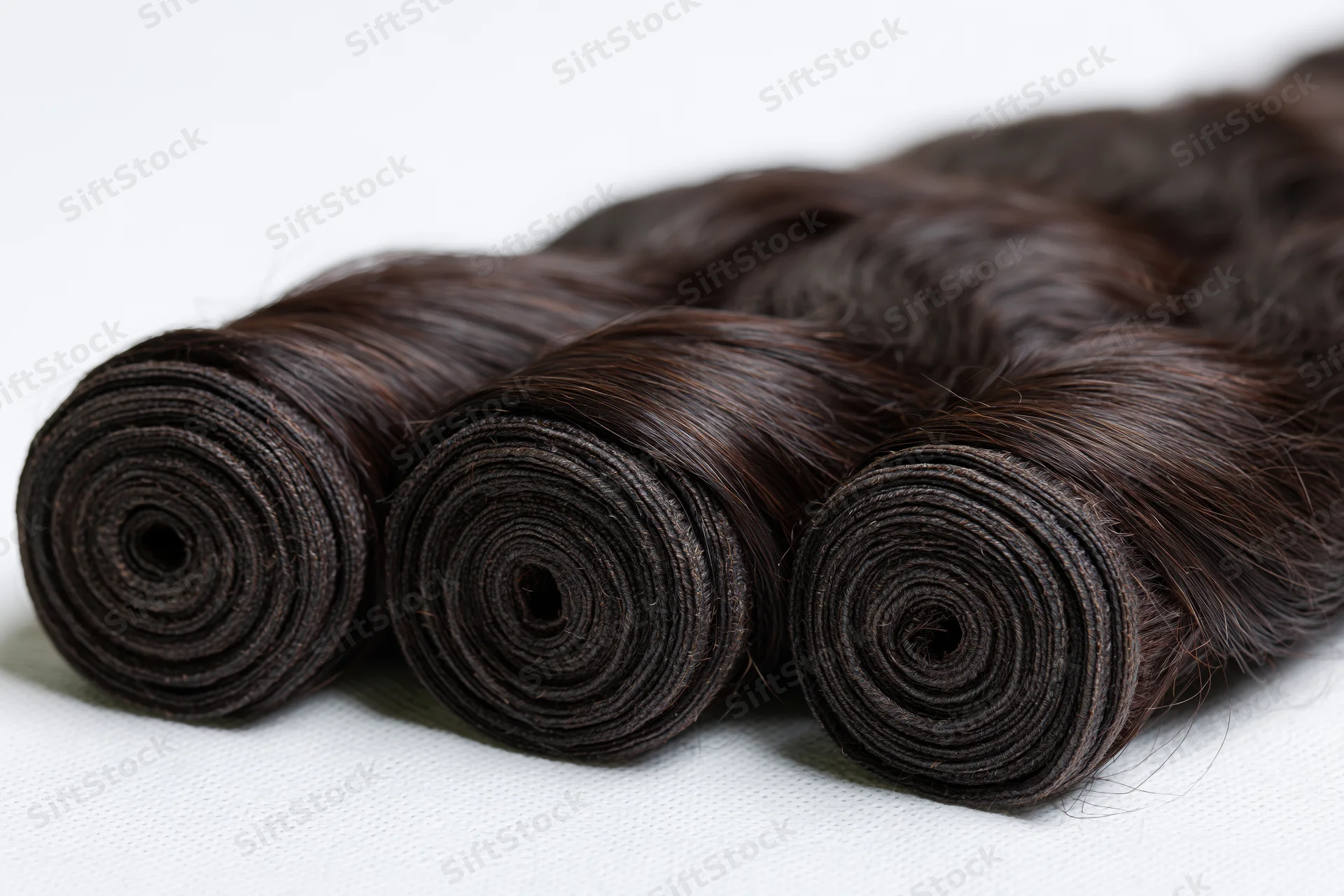 Three rolled bundles of dark body wave human hair extensions on white background