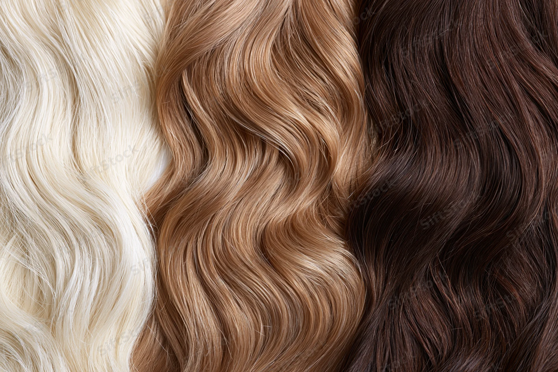 Three sections of wavy hair extensions displayed side by side