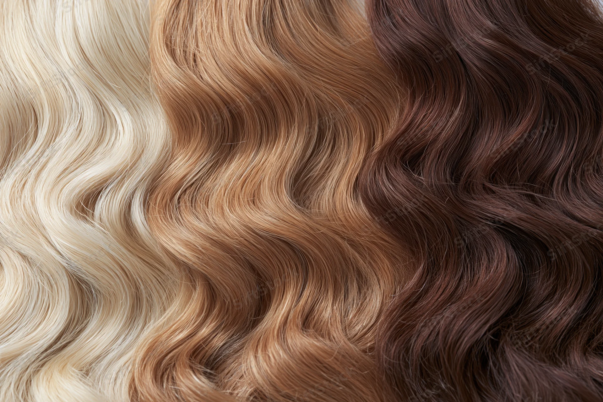 Three sections of wavy hair extensions displayed side by side in blonde, brown and dark tones