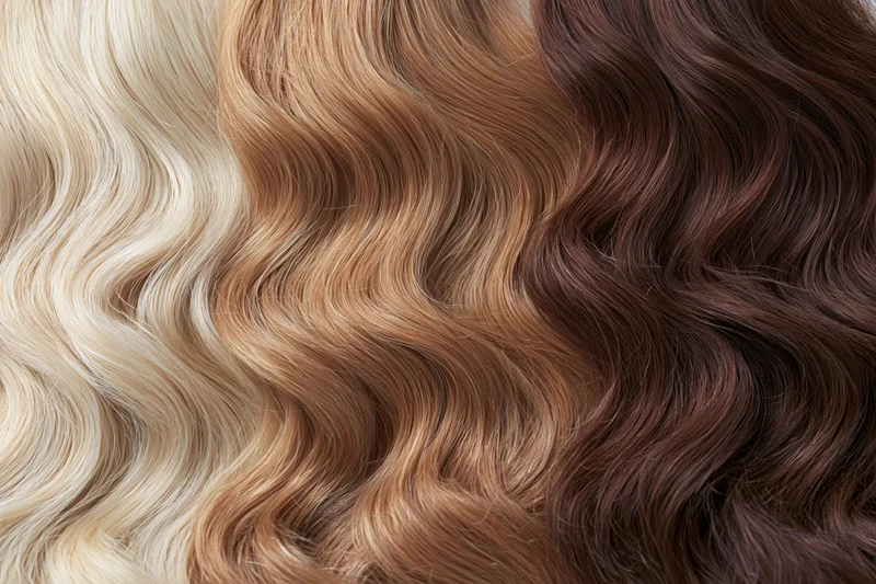 Three sections of wavy hair extensions displayed side by side in blonde, brown and dark tones