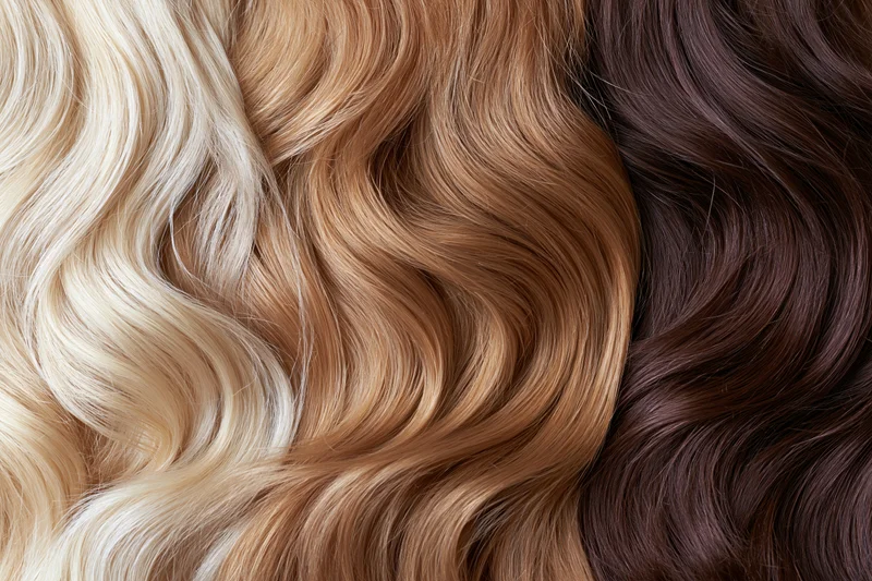 Three sections of wavy hair extensions displayed side by side