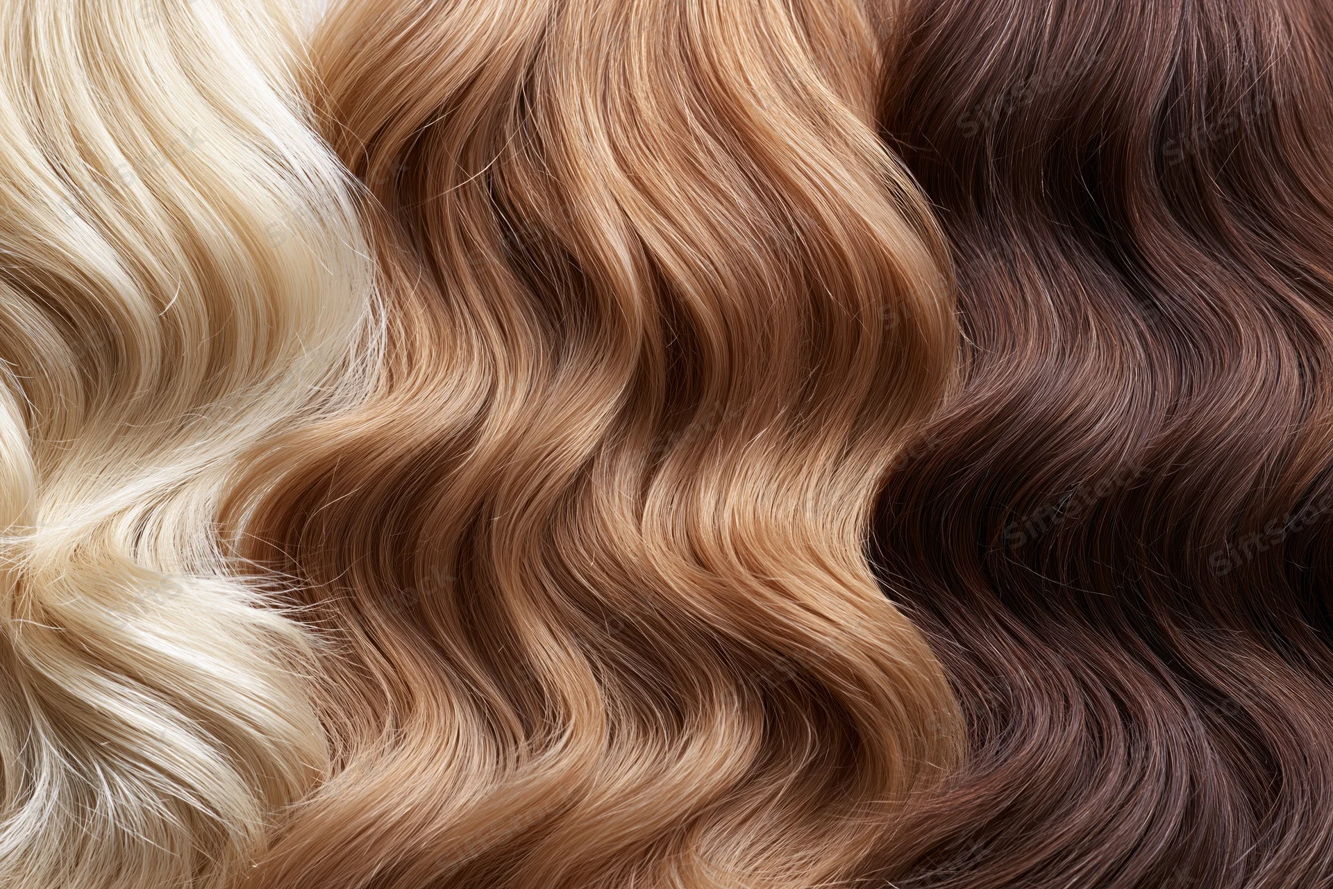 Three sections of wavy hair extensions displayed side by side in blonde, brown, and dark shades