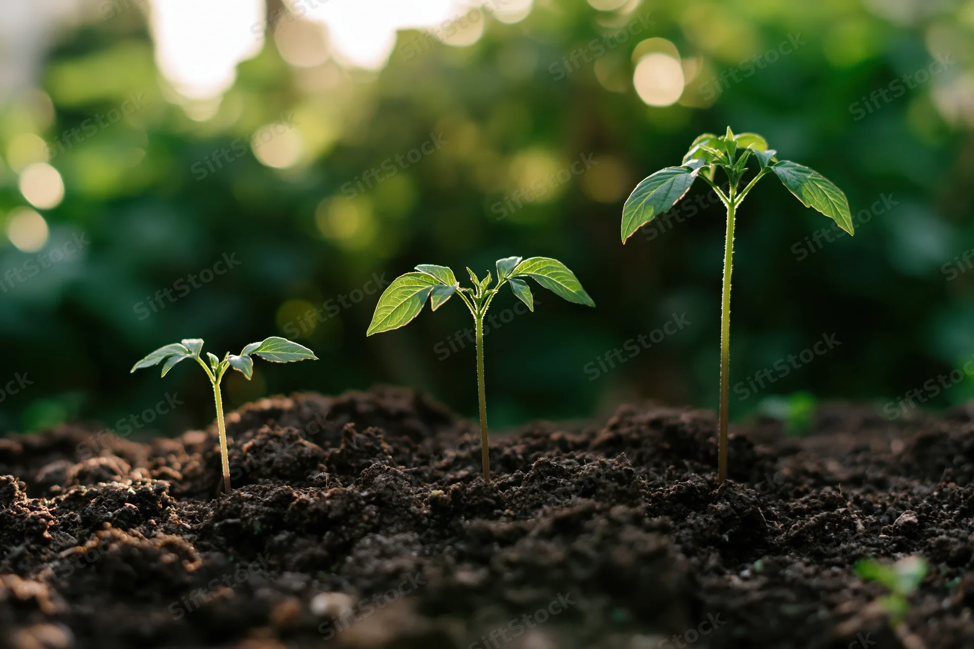 Three seedlings in progressive growth stages emerging from dark soil in a garden setting