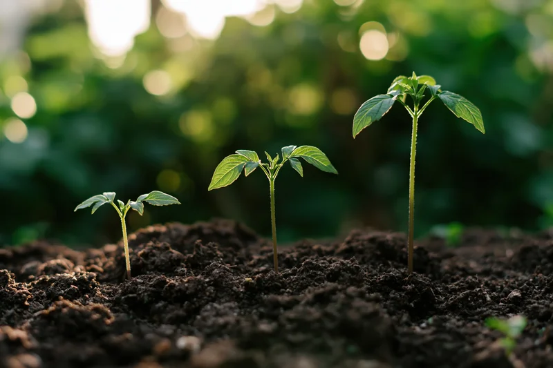 Three seedlings in progressive growth stages emerging from dark soil in a garden setting