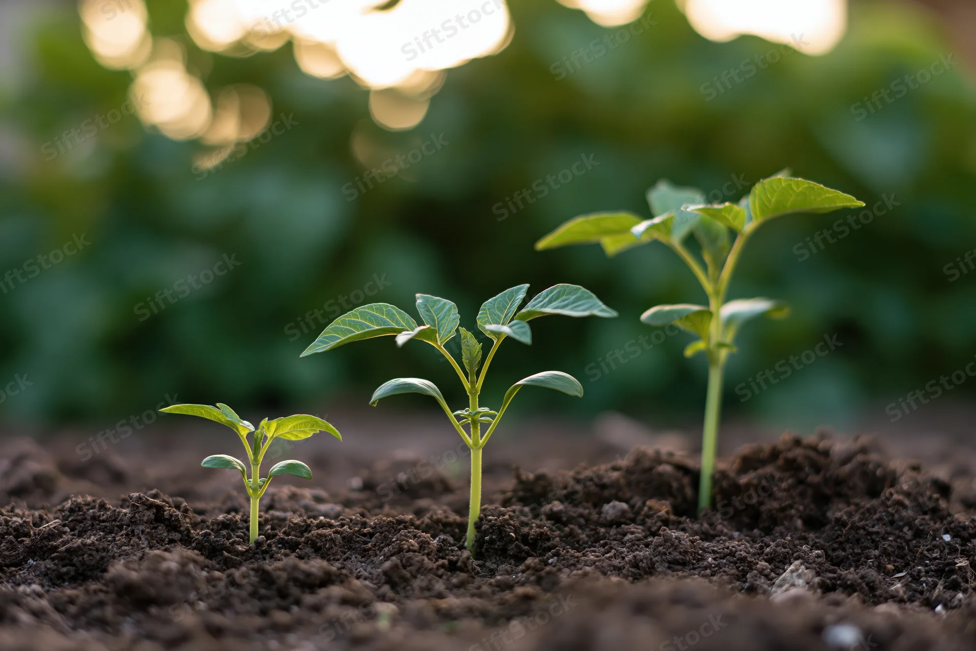 Three seedlings in progressive growth stages emerging from dark soil in a garden setting