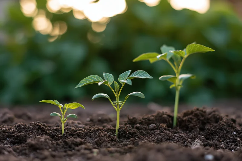 Three seedlings in progressive growth stages emerging from dark soil in a garden setting