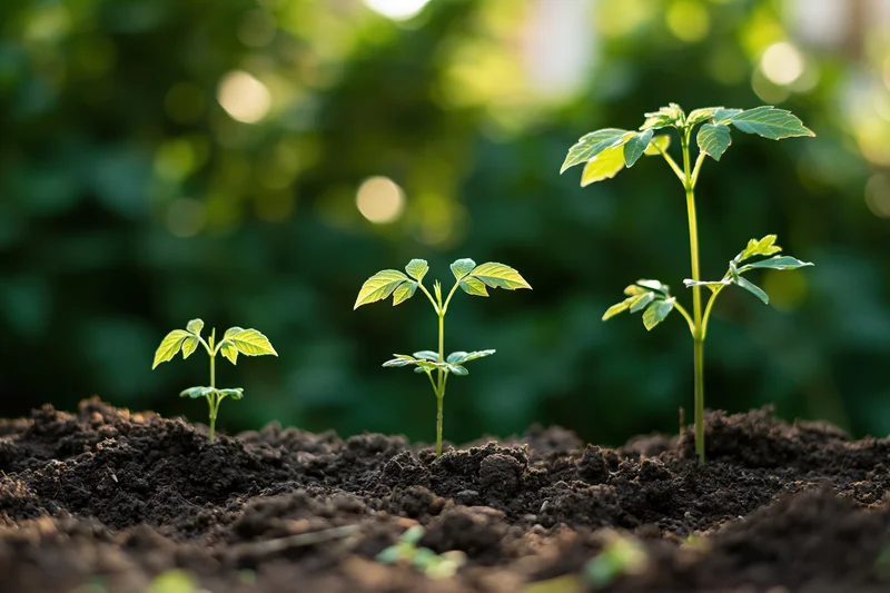 Three seedlings in progressive growth stages emerging from dark soil in a garden setting