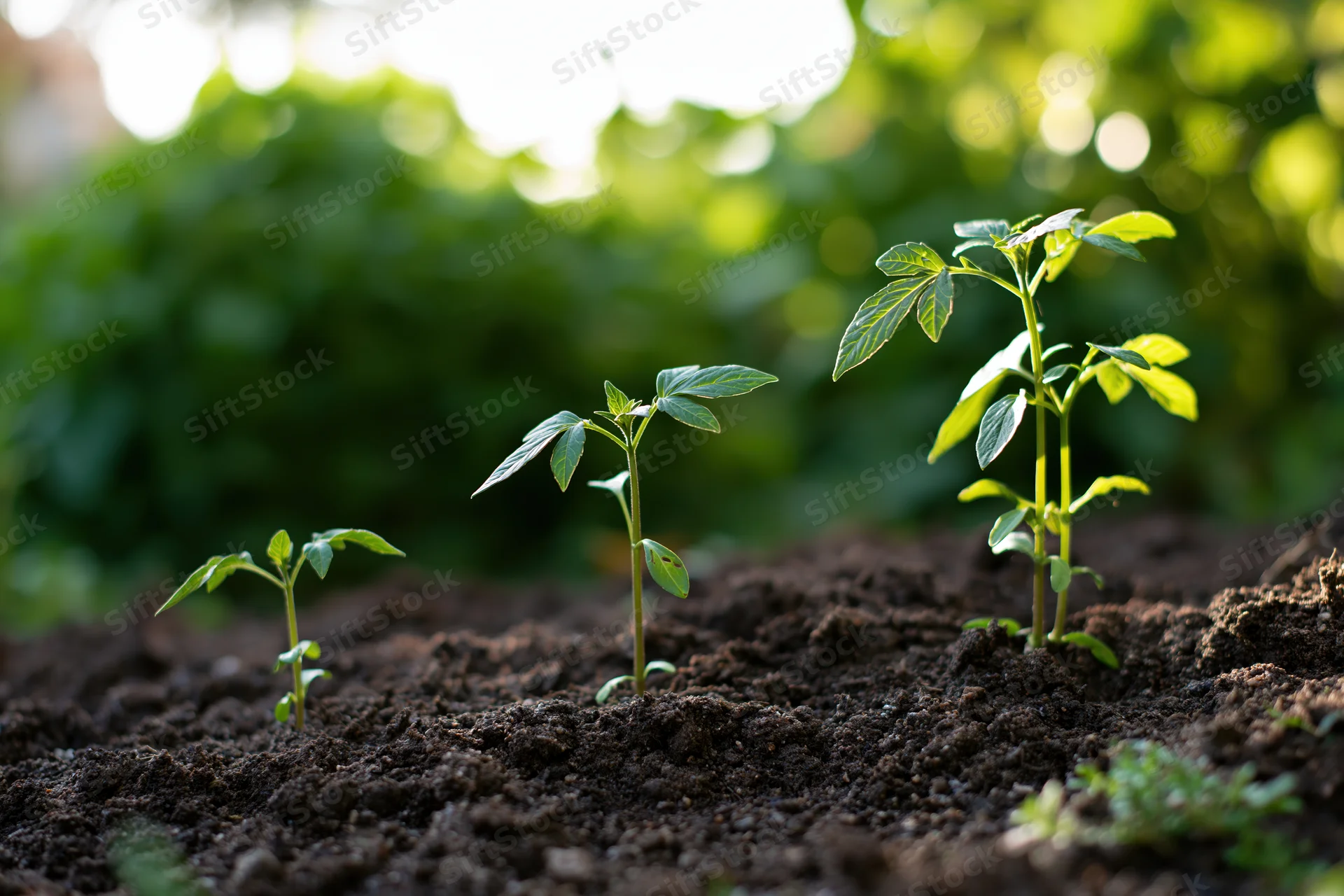 Three seedlings in progressive growth stages emerging from dark soil in a garden bed
