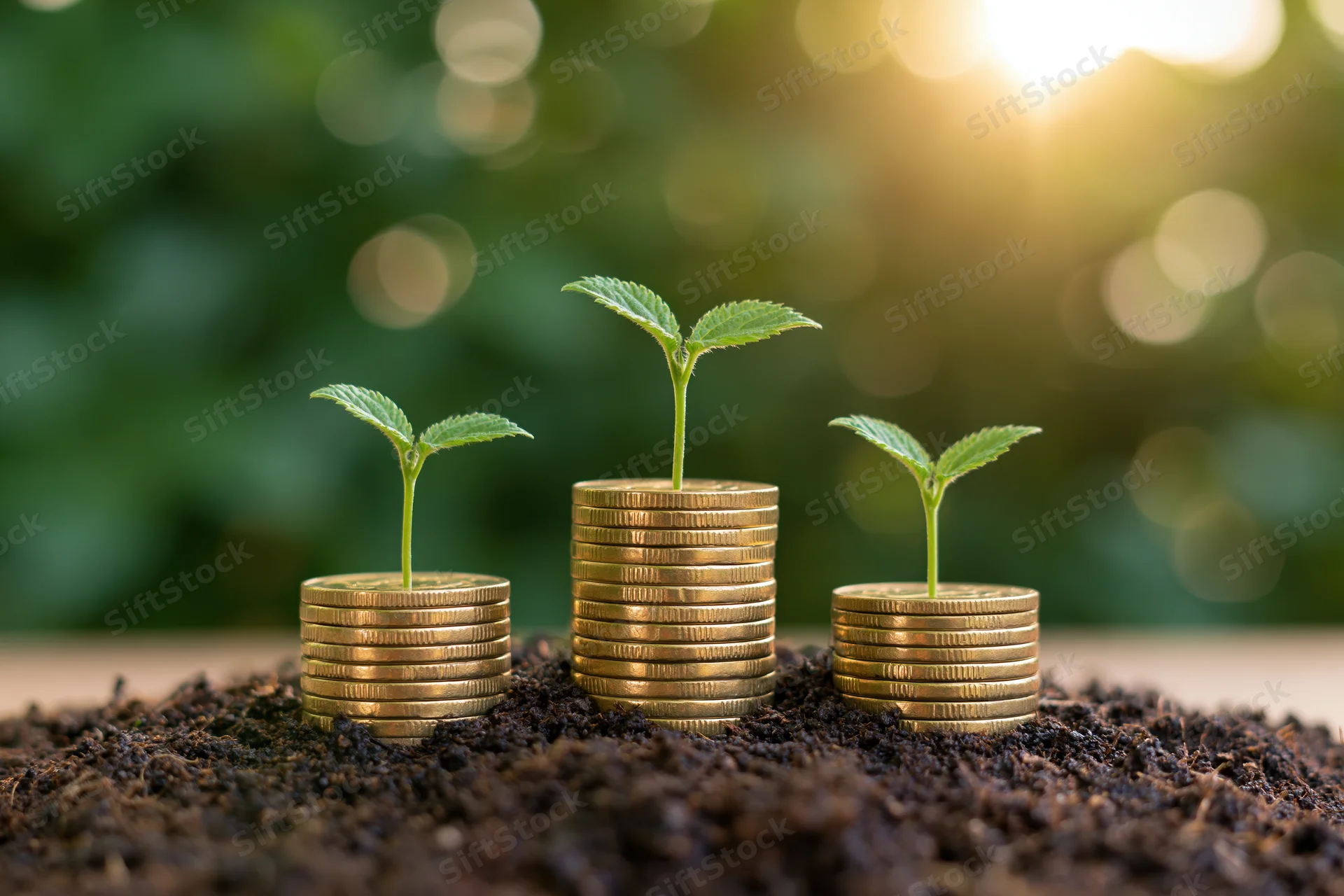 Three green seedlings growing from stacks of gold coins in soil with blurred green background and sunlight