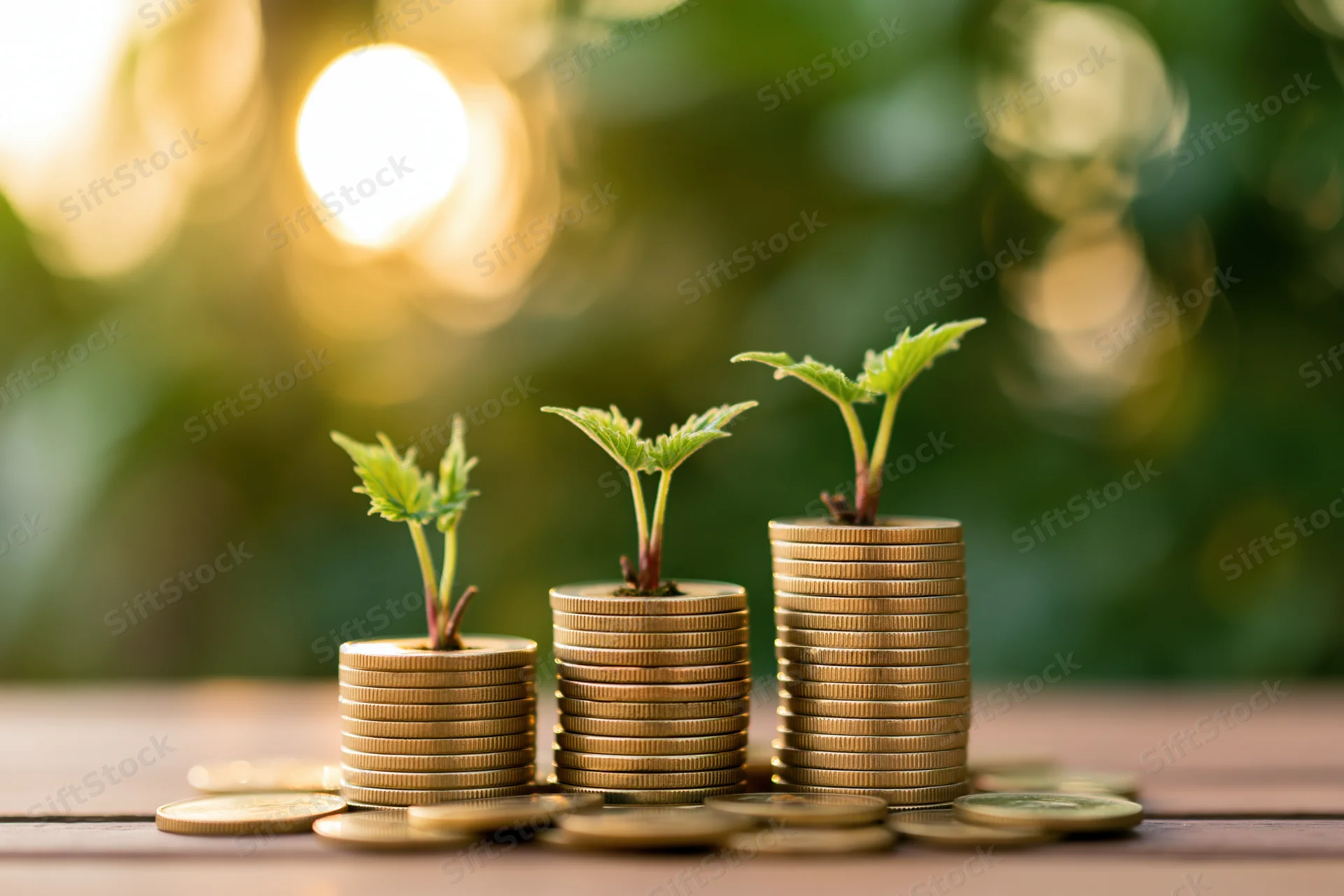Three stacks of coins with green seedlings growing from them on a wooden table outdoors in sunlight