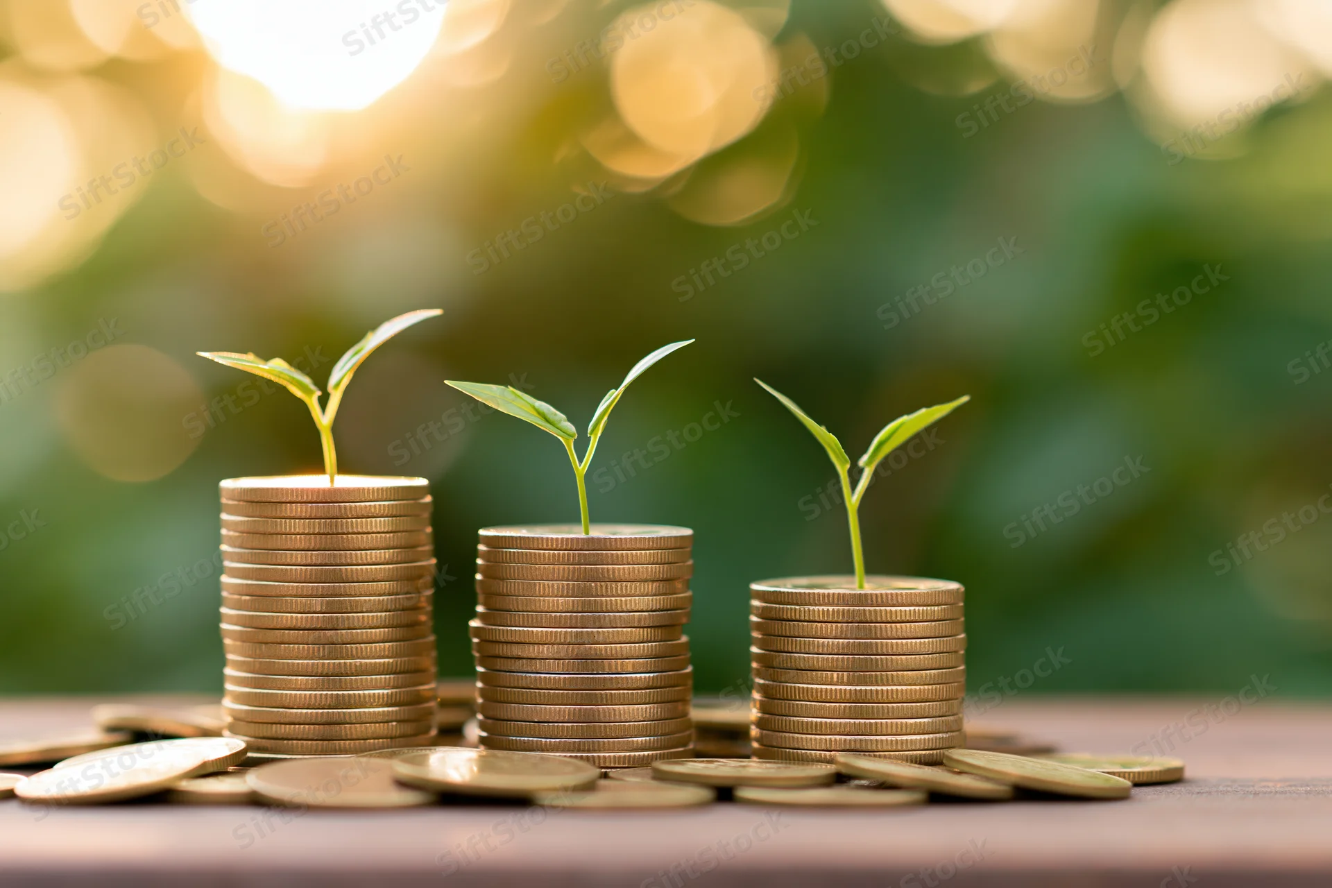 Three stacks of coins with green seedlings growing from them on a wooden surface outdoors