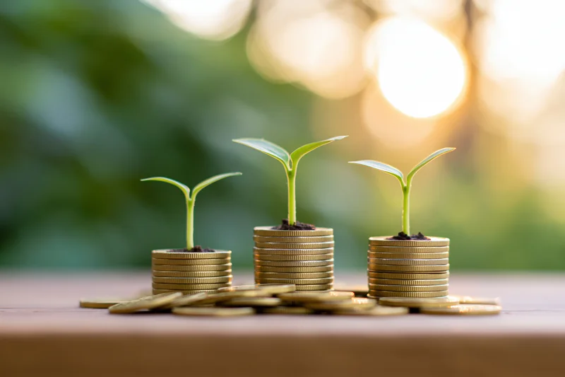 Three green seedlings growing from stacks of gold coins on a wooden surface outdoors with blurred greenery and sunlight in the background