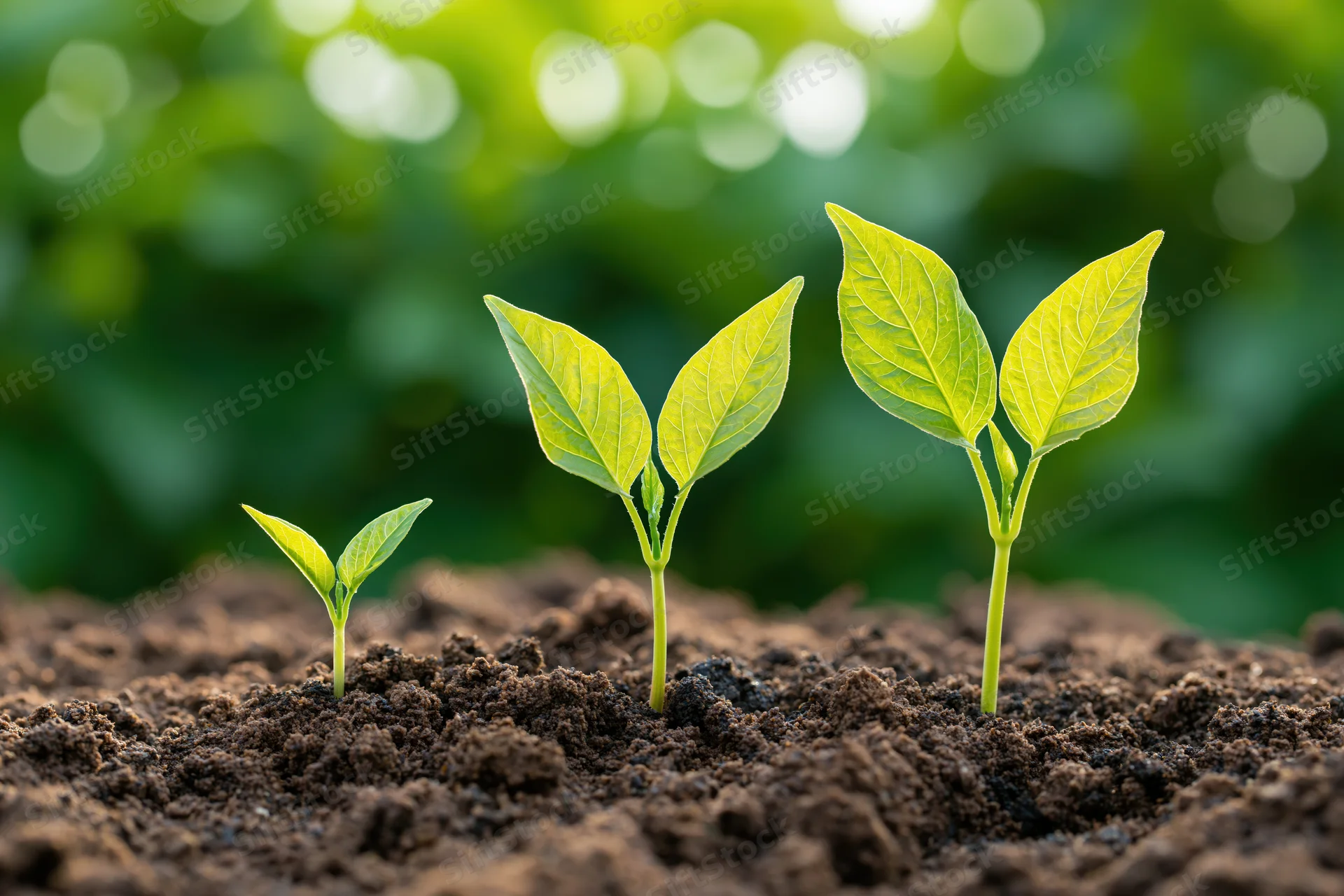 Three seedlings at different growth stages emerging from soil in a garden setting