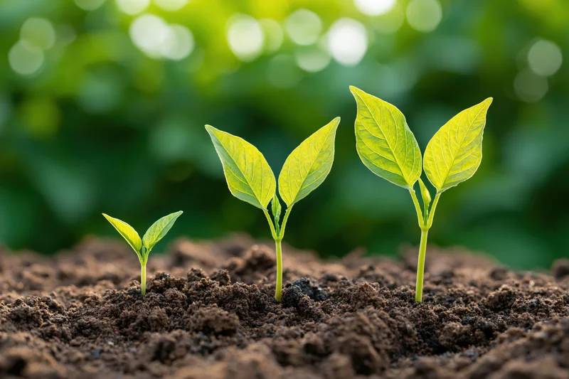 Three seedlings at different growth stages emerging from soil in a garden setting