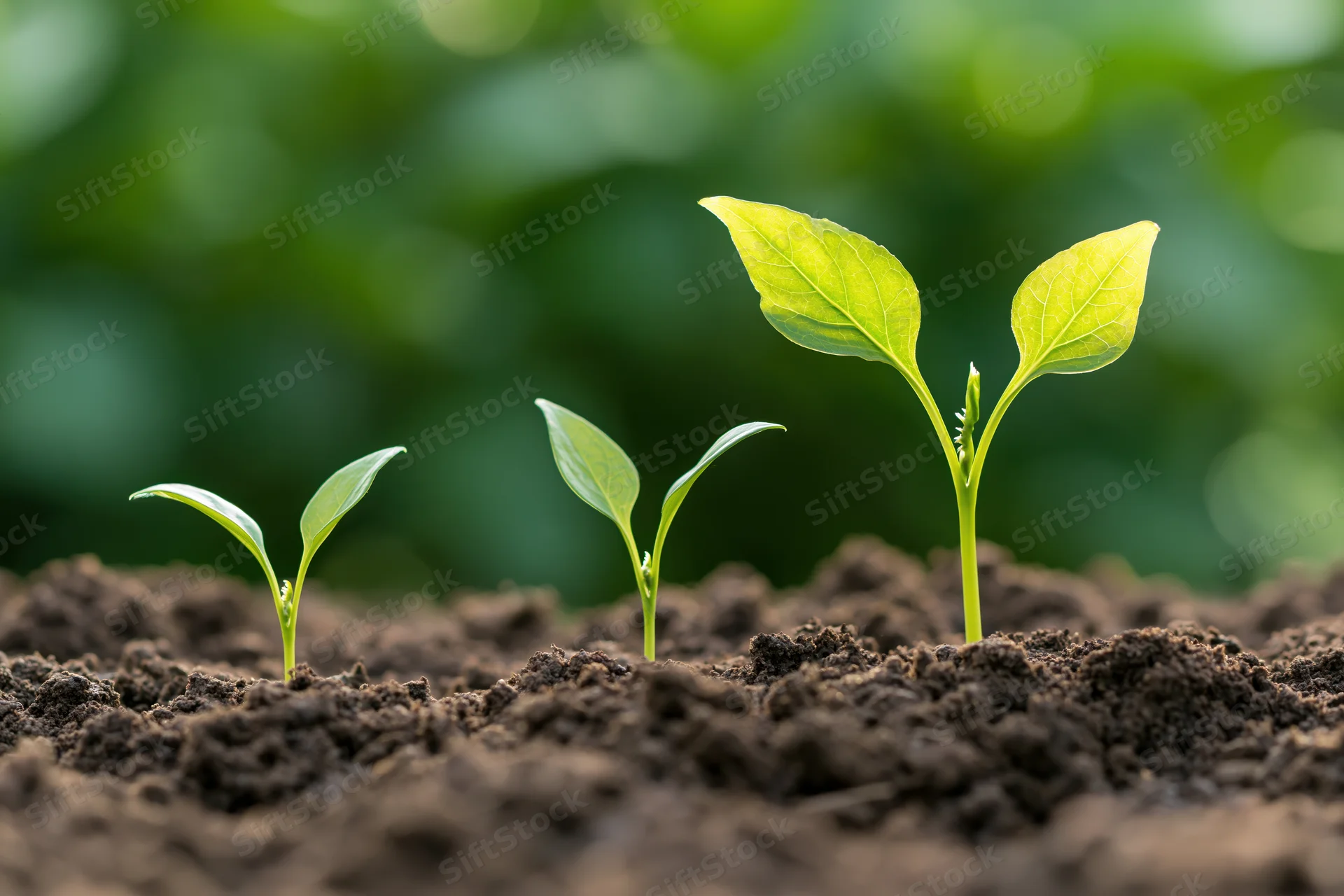 Three seedlings at different growth stages emerging from soil in a garden