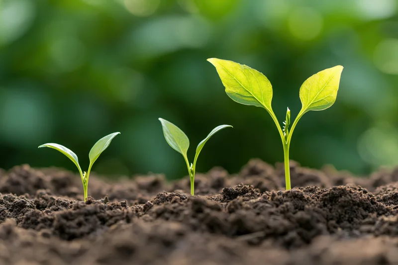 Three seedlings at different growth stages emerging from soil in a garden