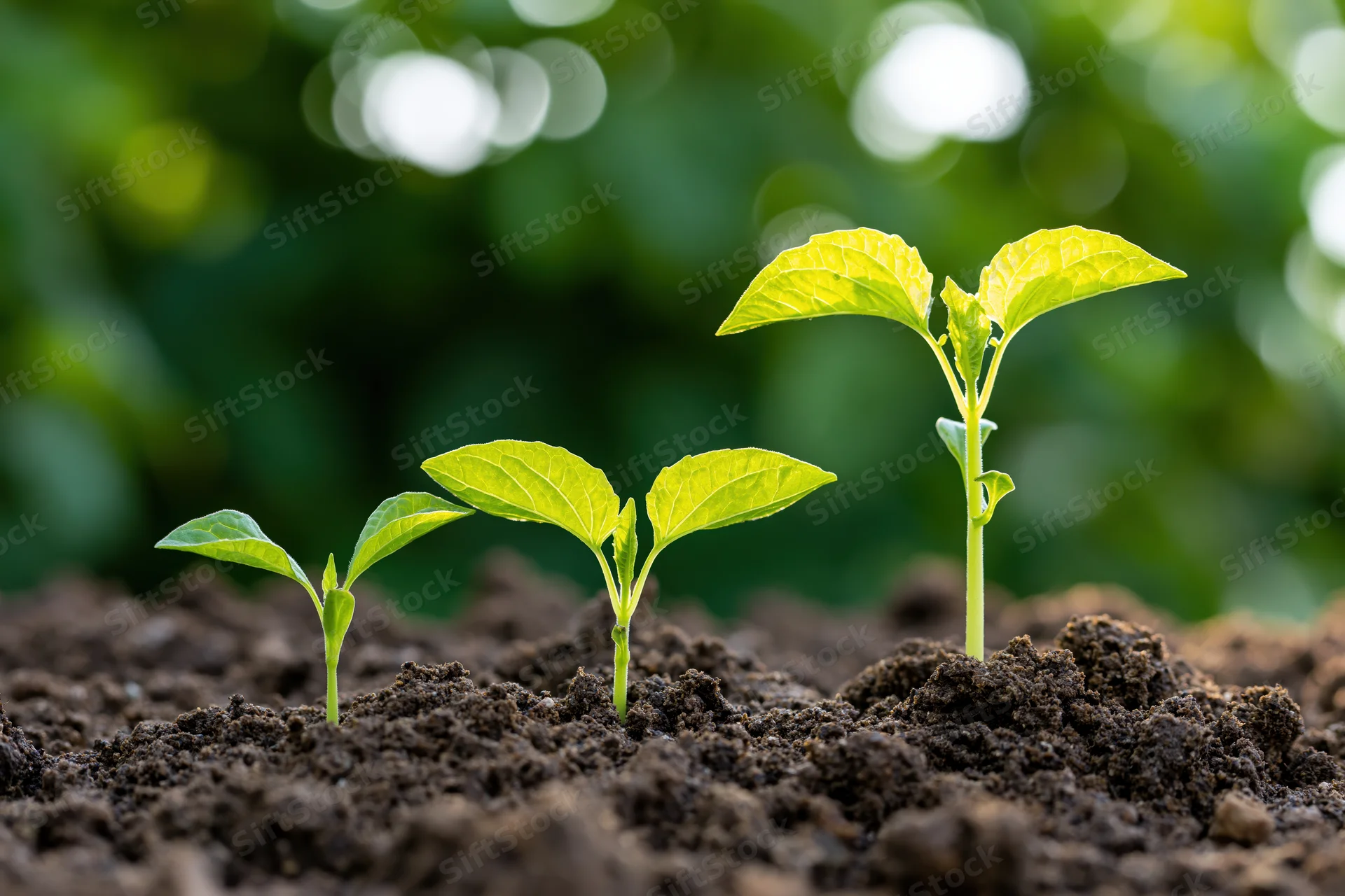 Three seedlings at different growth stages emerging from soil in a garden