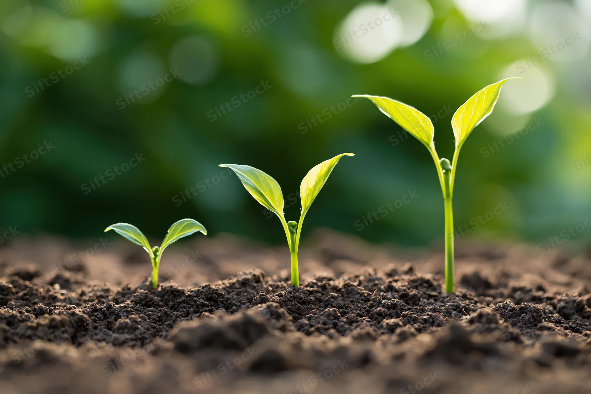 Three seedlings at different growth stages emerging from soil in a garden setting