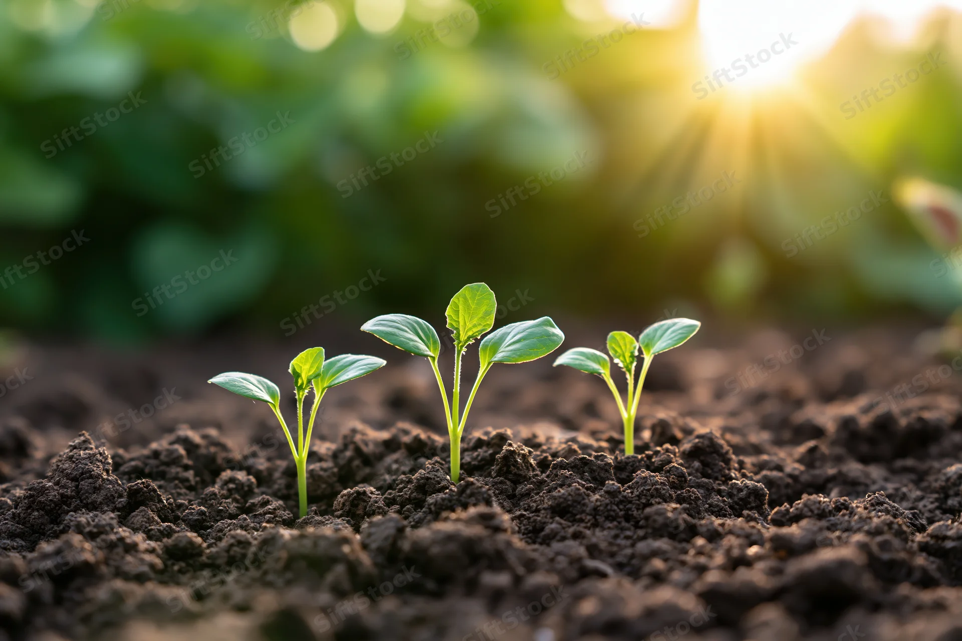 Three small seedlings sprouting from dark moist soil in a garden at sunrise