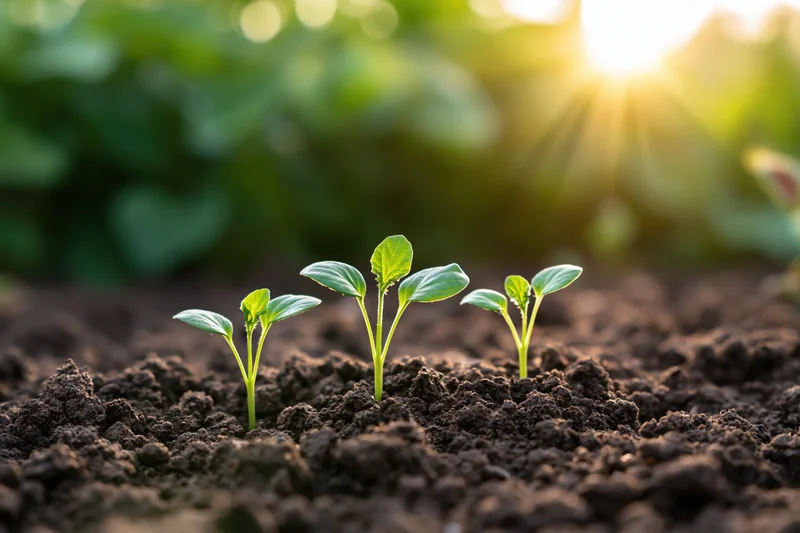 Three small seedlings sprouting from dark moist soil in a garden at sunrise