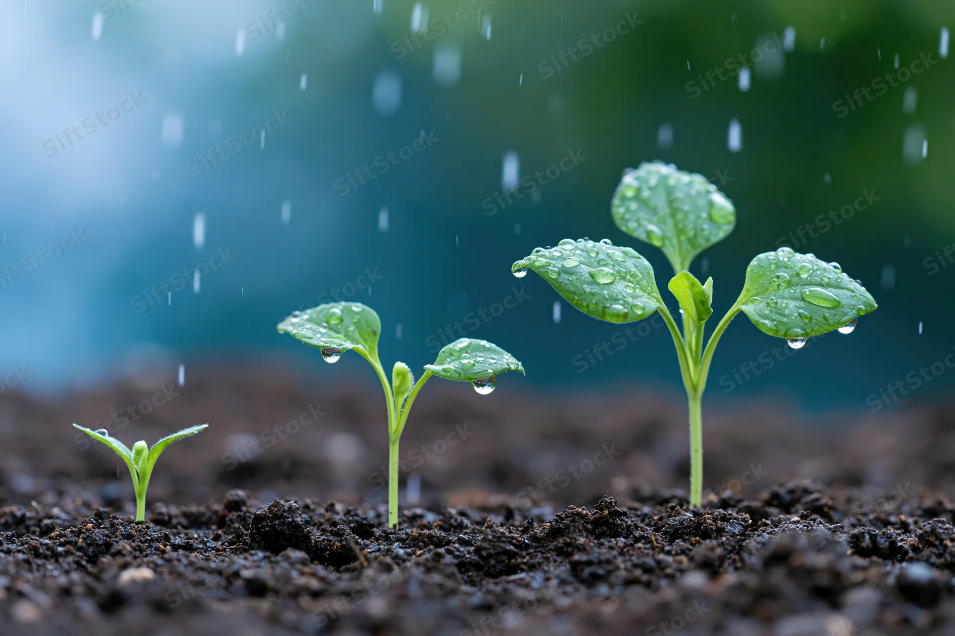 Three seedlings in progressive growth stages emerging from soil under rain