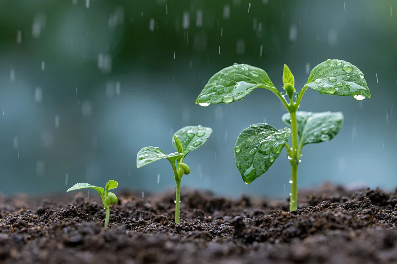 Three seedlings in progressive growth stages emerging from soil under rain