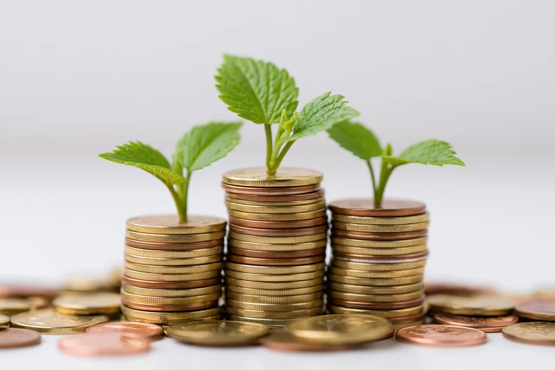 Stacks of gold and copper coins with green sprouts growing from them on a white surface