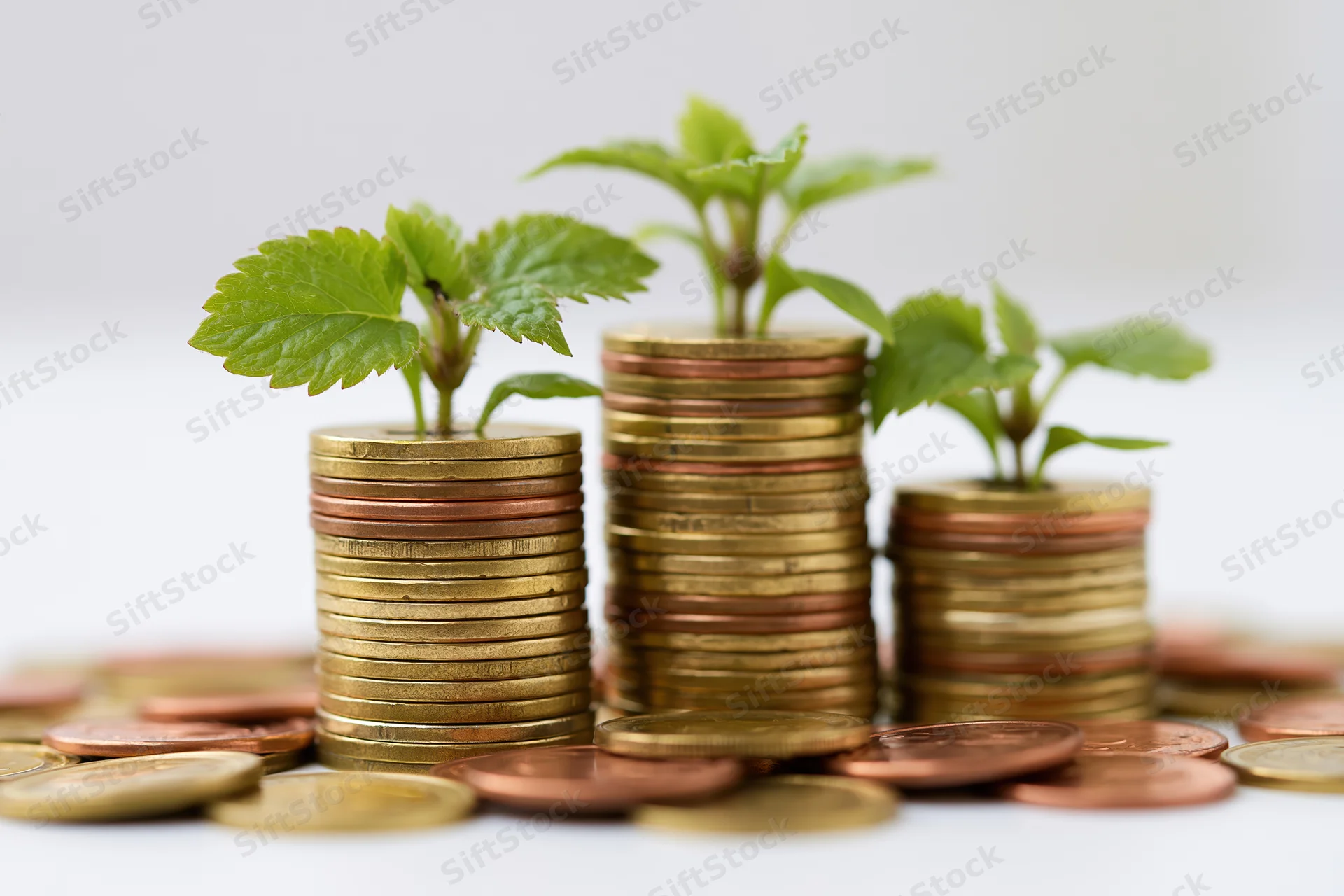 Stacks of gold and copper coins with green plants growing from them on a white surface