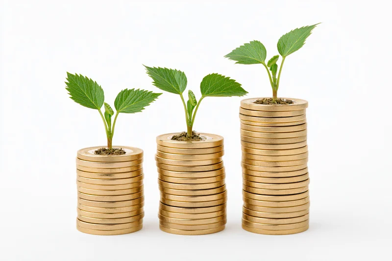 Three stacks of gold coins with green plants growing from the top, arranged in ascending height on a white background