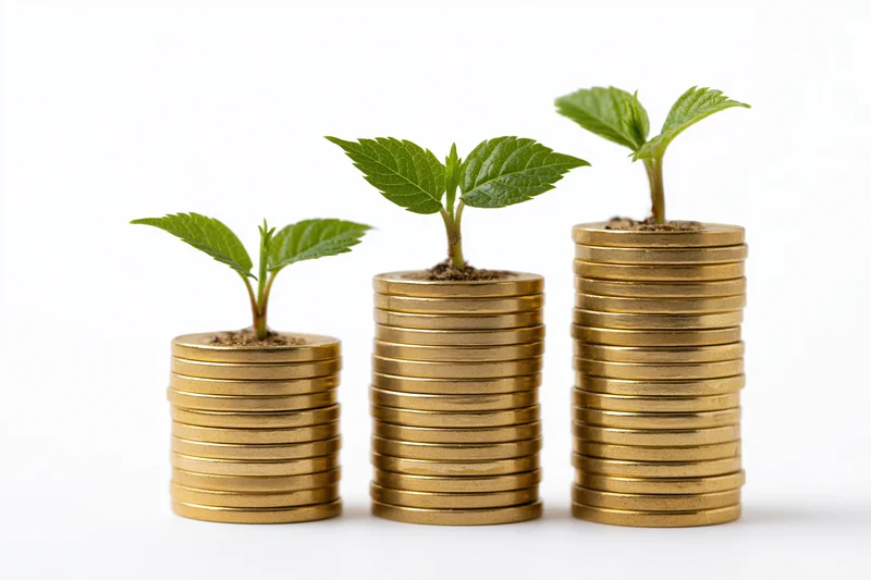 Three stacks of gold coins with green plants growing from top, arranged in ascending height on white background