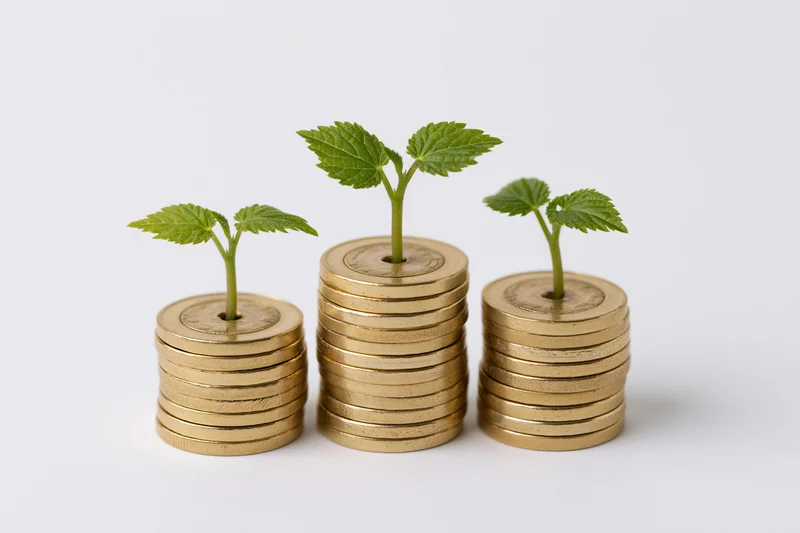 Three stacks of gold coins with green sprouts growing from them on a white background