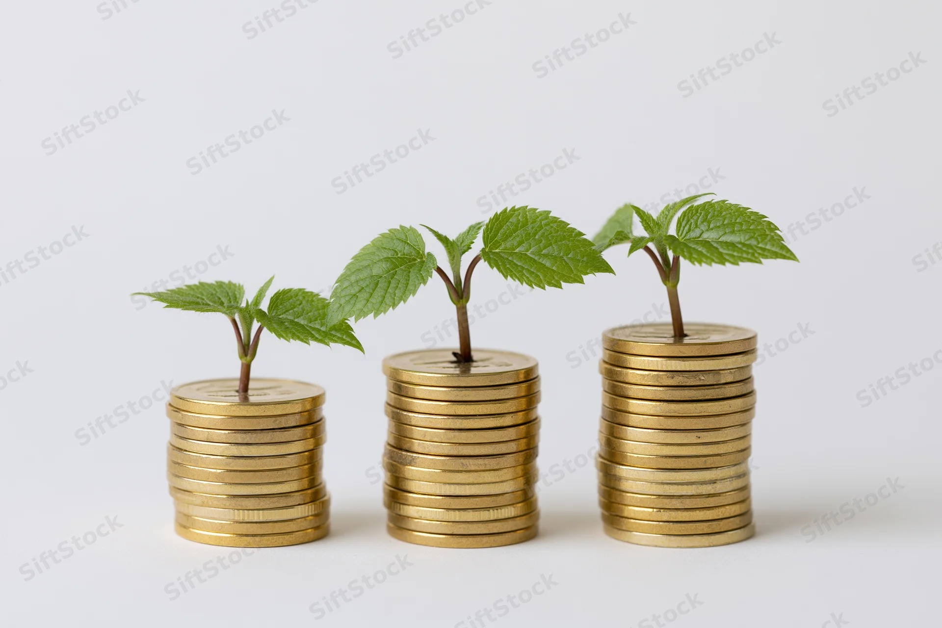 Three stacks of gold coins with green plants growing from them, arranged in ascending height on a white surface