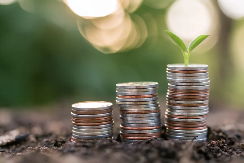 Three stacks of coins increasing in height with a small green plant sprouting from the tallest stack in dark soil