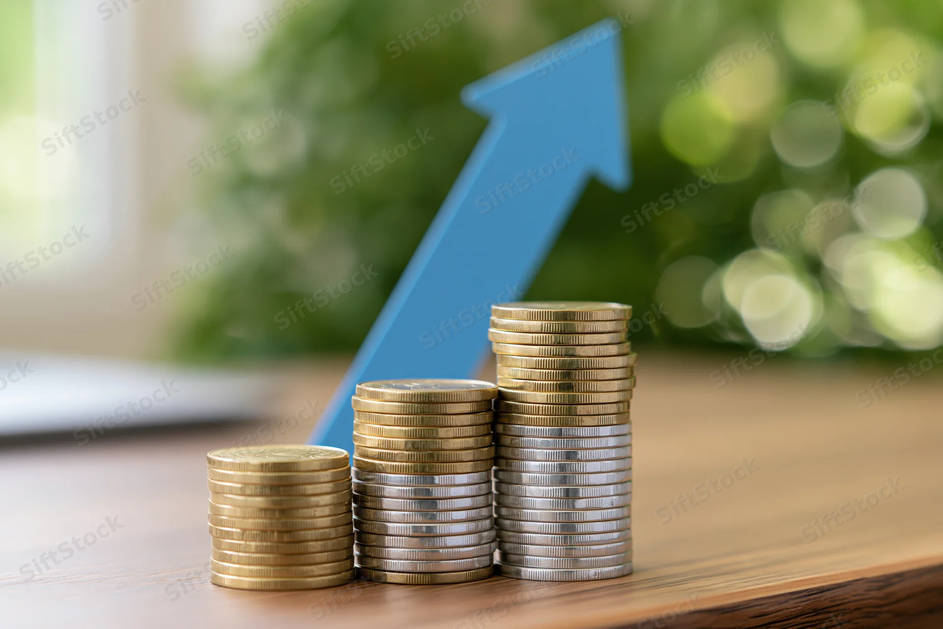 Three stacks of gold and silver coins arranged in ascending order on a wooden table with a blue arrow pointing upward in the background