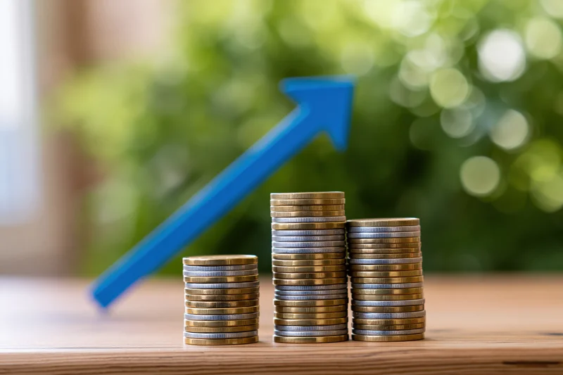 Three stacks of coins increasing in height with a blue arrow pointing upward on a wooden table