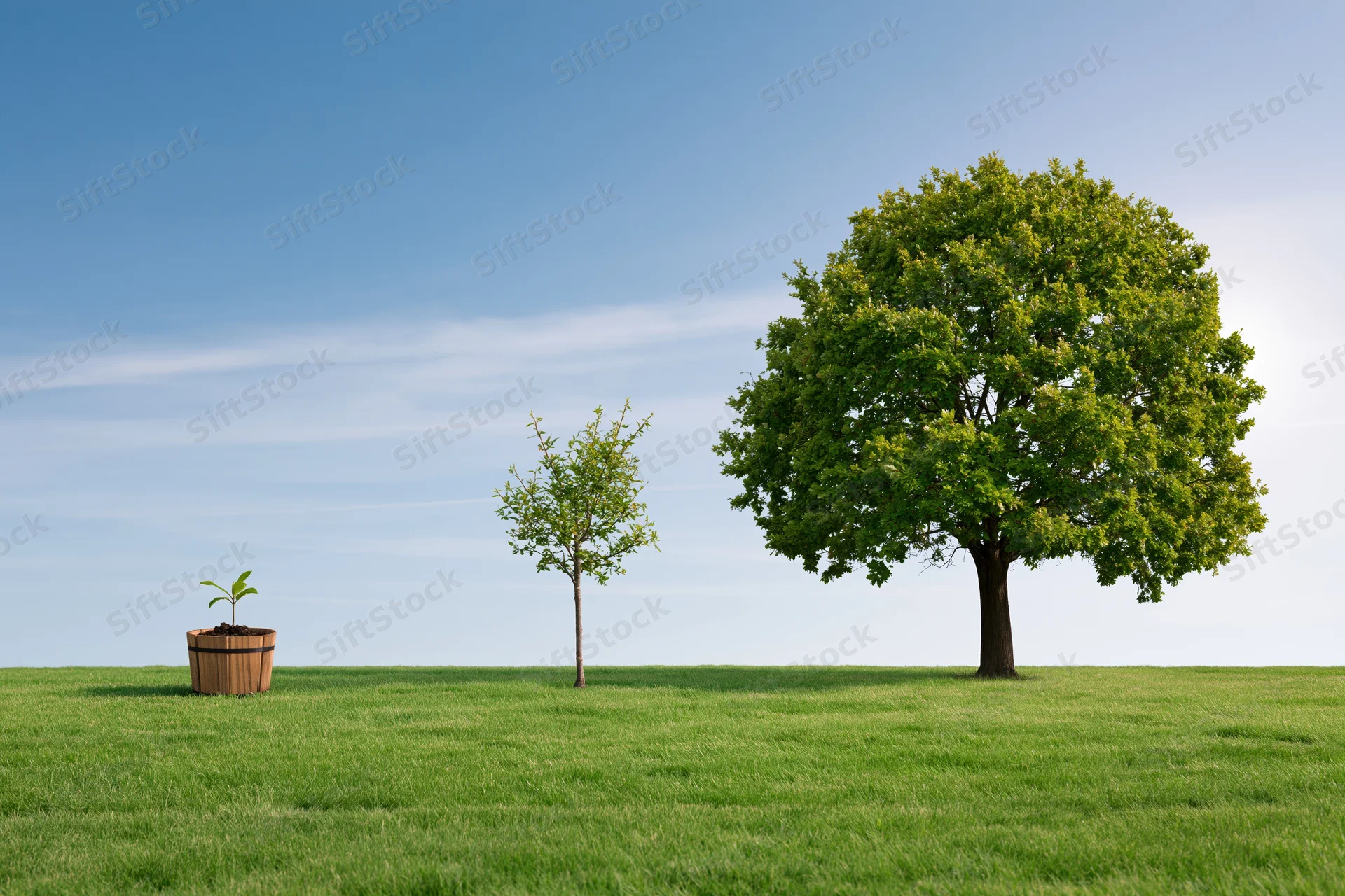 Three stages of tree growth from seedling to mature tree across a flat green lawn under a clear blue sky