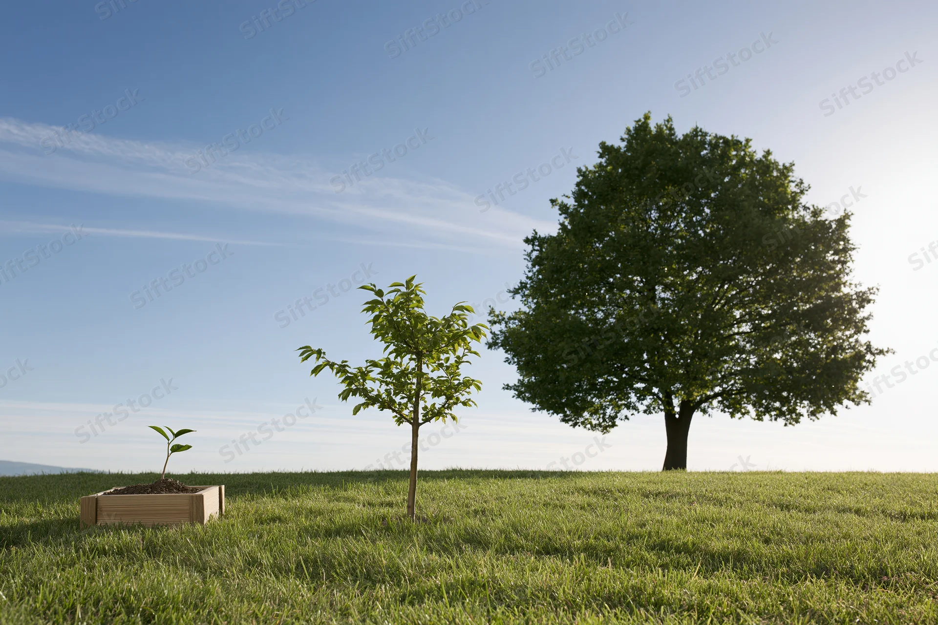 Three stages of tree growth from seedling to mature tree on a green lawn under a clear blue sky