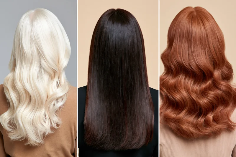 Three women from behind showing long blonde, brunette and redhead hair in wavy and straight styles