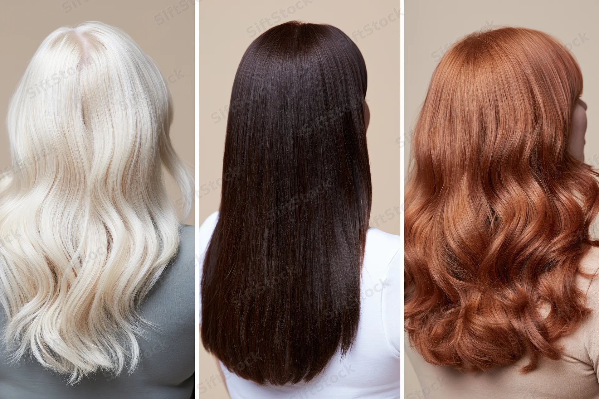 Three women from behind showing long blonde, brunette and redhead hair styles