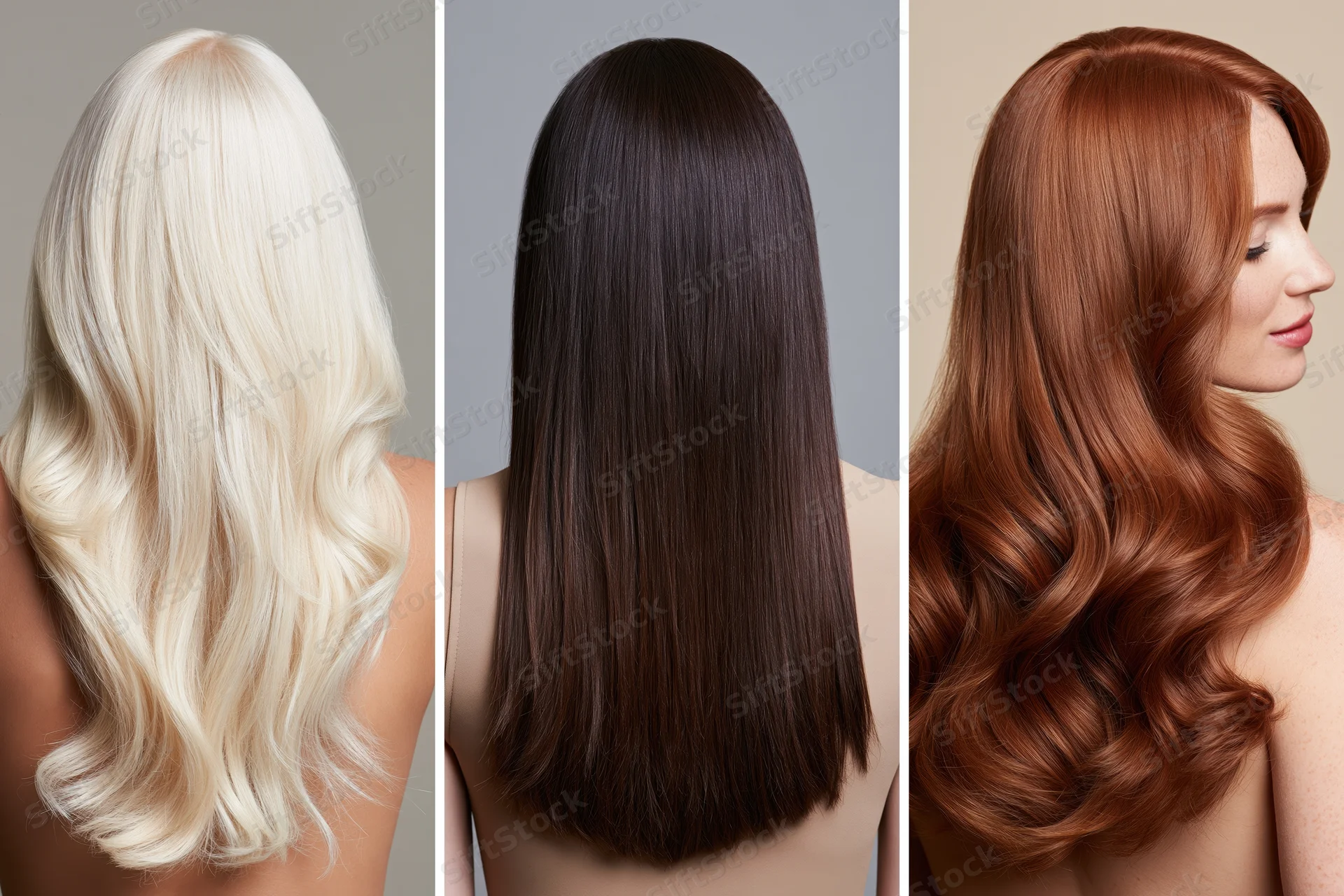 Three women from behind showing long blonde, brunette and redhead hair styles