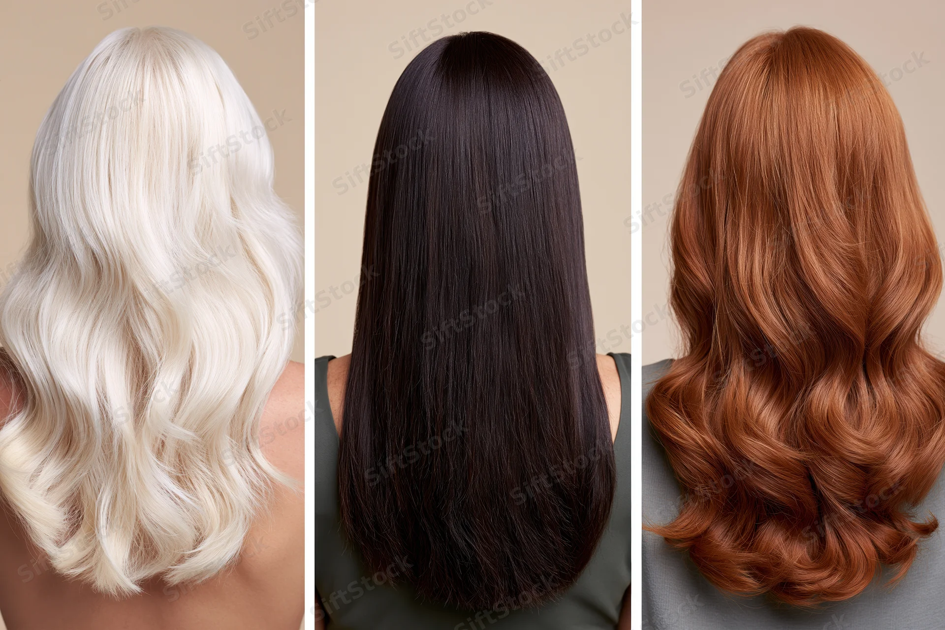 Three women from behind showing long hair in blonde, black and red styles