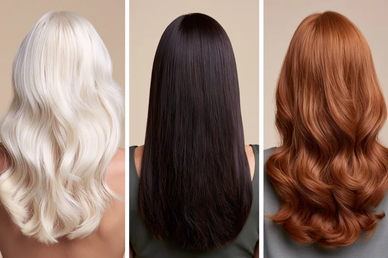 Three women from behind showing long hair in blonde, black and red styles