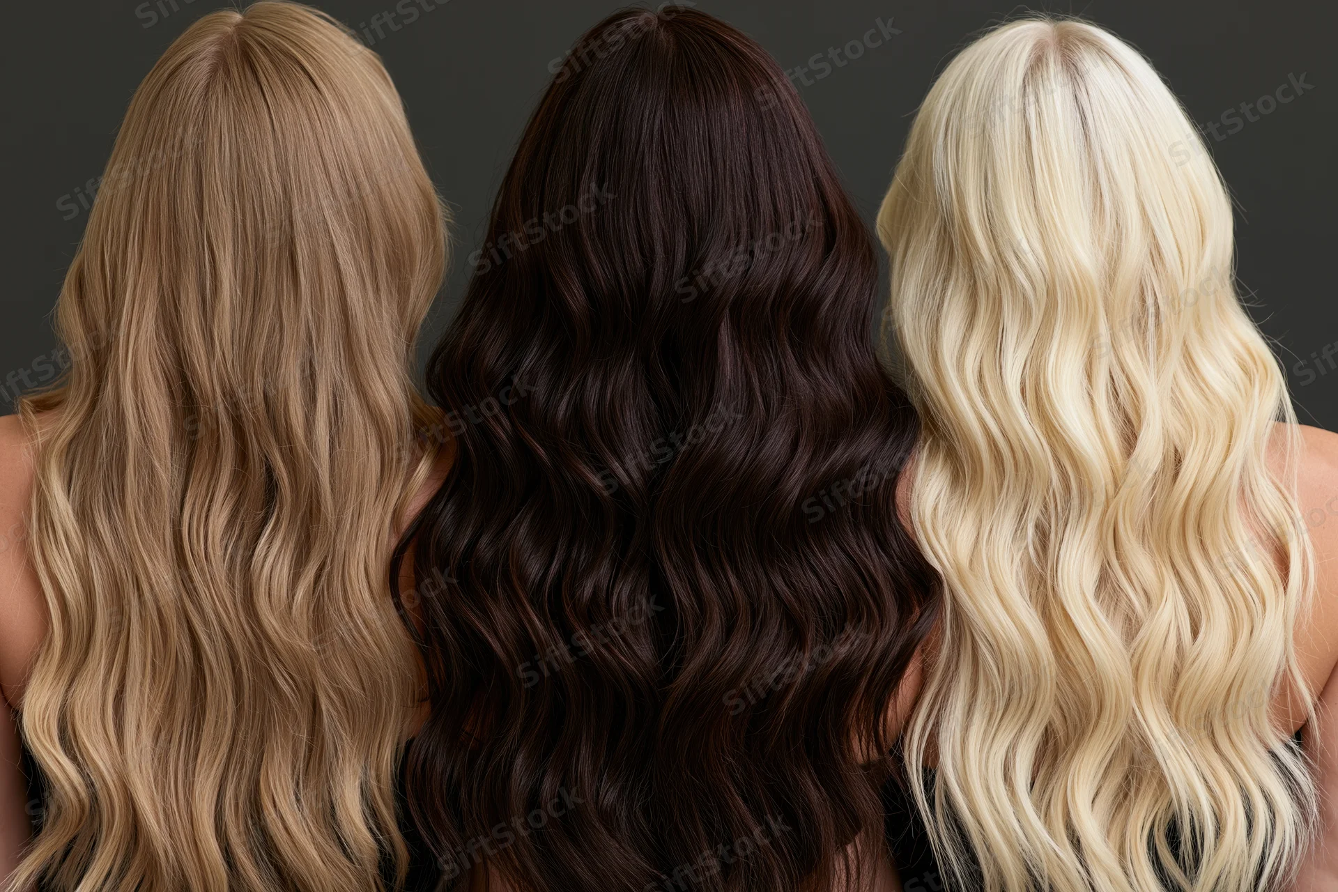 Three women from behind showing long wavy hair in blonde brunette and platinum tones