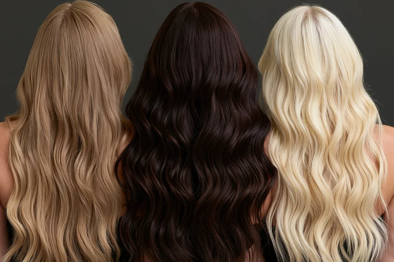 Three women from behind showing long wavy hair in blonde brunette and platinum tones