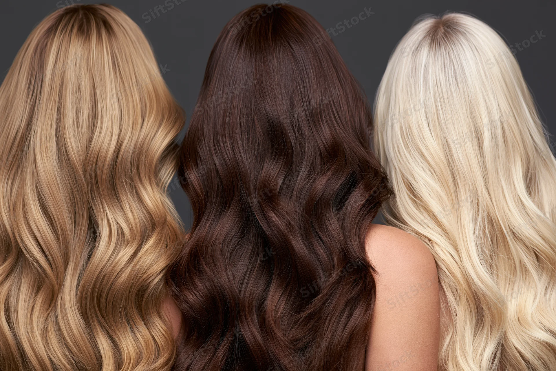 Three women from behind showing long wavy hair in blonde brunette and platinum tones