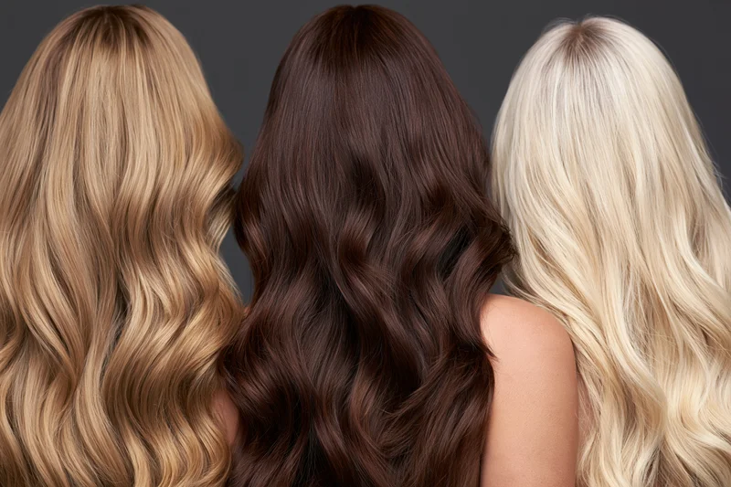 Three women from behind showing long wavy hair in blonde brunette and platinum tones