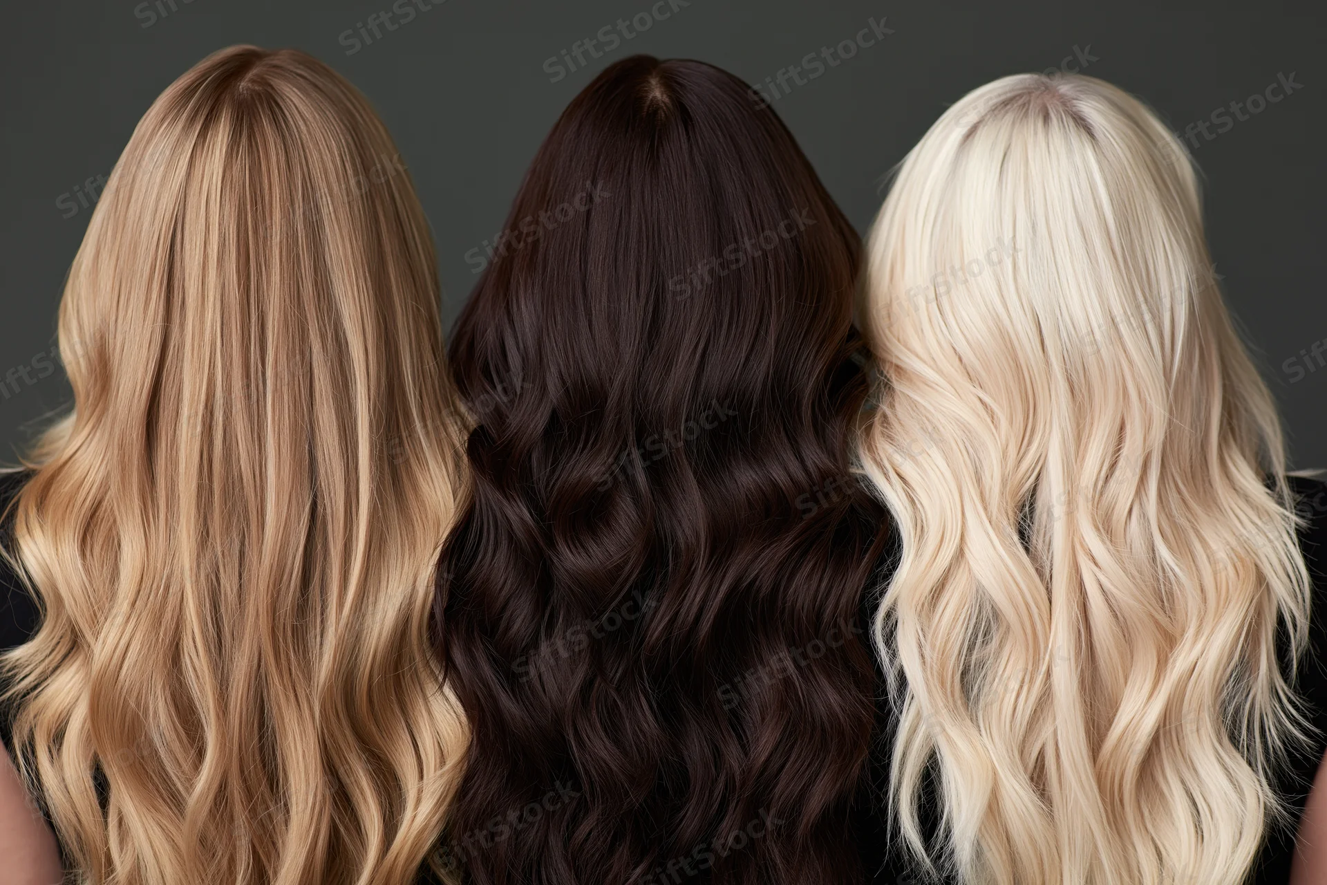Three women from behind showing long wavy hair in blonde brunette and platinum tones