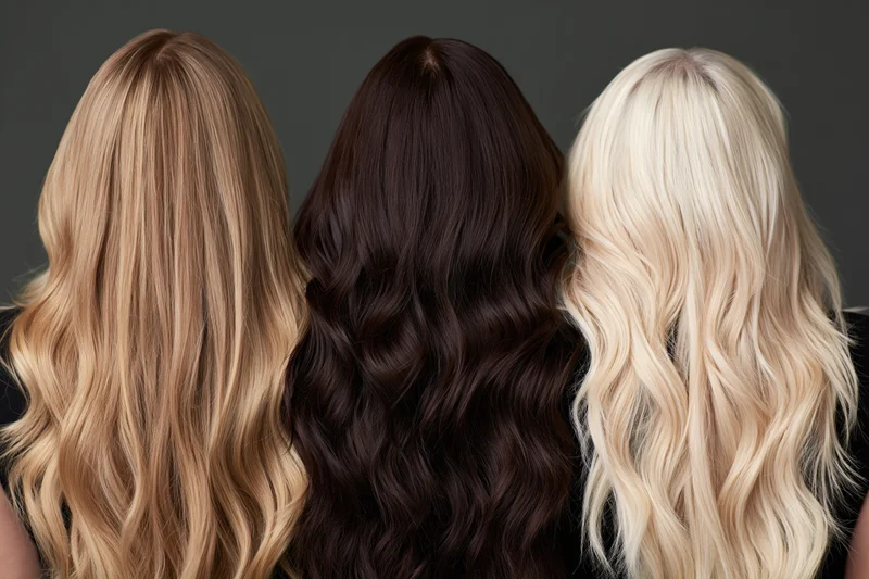 Three women from behind showing long wavy hair in blonde brunette and platinum tones